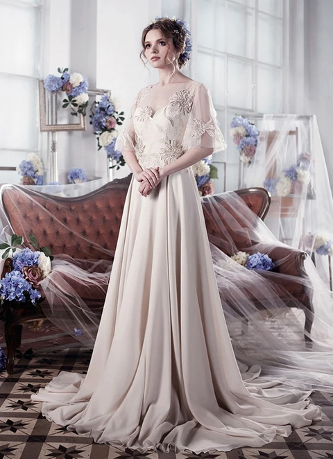 Chiffon Wedding Dress A-line Illusion Court Train With Embroidery