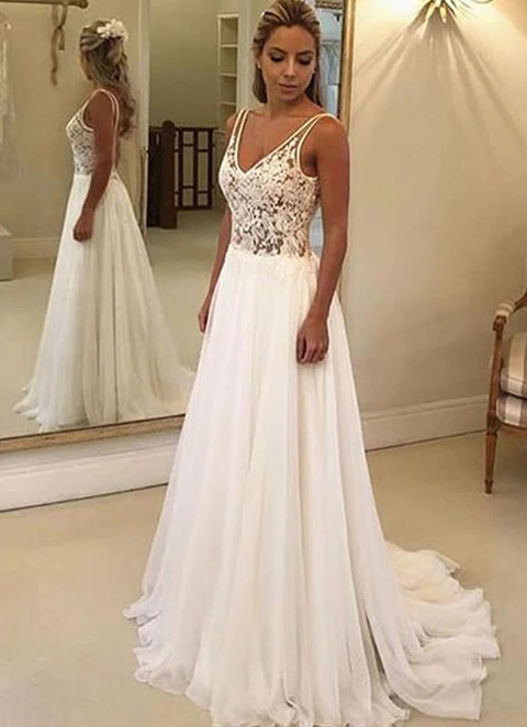 A-line V Neck Sleeveless Sweep Train Chiffon Wedding Dress With Lace