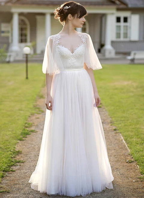 A-line Sweetheart Half Sleeve Long/floor-length Tulle Wedding Dress With Appliqued