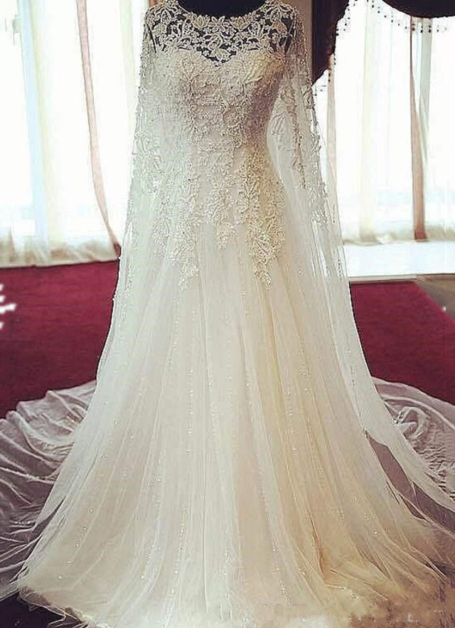 Tulle Wedding Dress A-line Scoop Court Train With Beaded