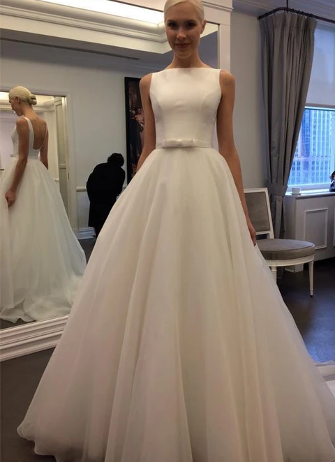 Ball-gown/princess Straight Sleeveless Sweep Train Chiffon Wedding Dress With Waistband Bowknot