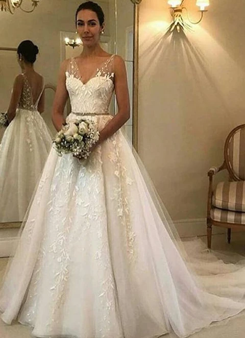 Ball-gown/princess V Neck Sleeveless Court Train Tulle Wedding Dress With Waistband Appliqued