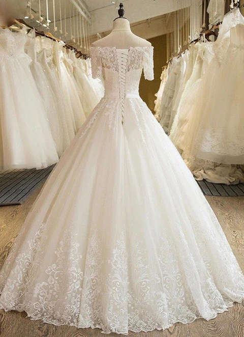 Ball-gown/princess Off-the-shoulder Short Sleeve Long/floor-length Tulle Wedding Dress With Lace Appliqued