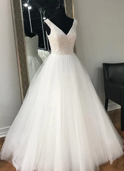 Ball-gown/princess V-neck Sleeveless Sweep Train Tulle Wedding Dress With Beading