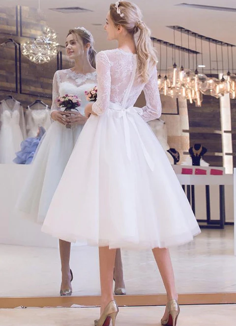 Tulle Wedding Dress Ball-gown/princess Illusion Tea-length With Lace