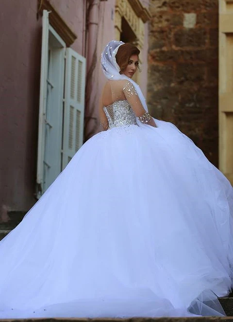 Ball-gown/princess Full/long Sleeve Scoop Neck Court Train Tulle Wedding Dresses With Beaded