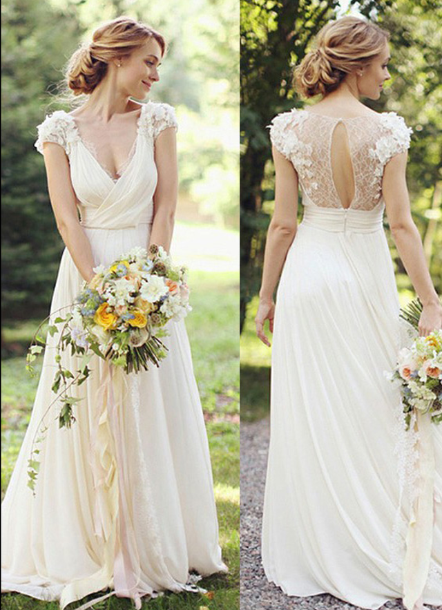 Chiffon Sweep Train A-line Sleeveless V-neck Covered Button Wedding Dress With Beads