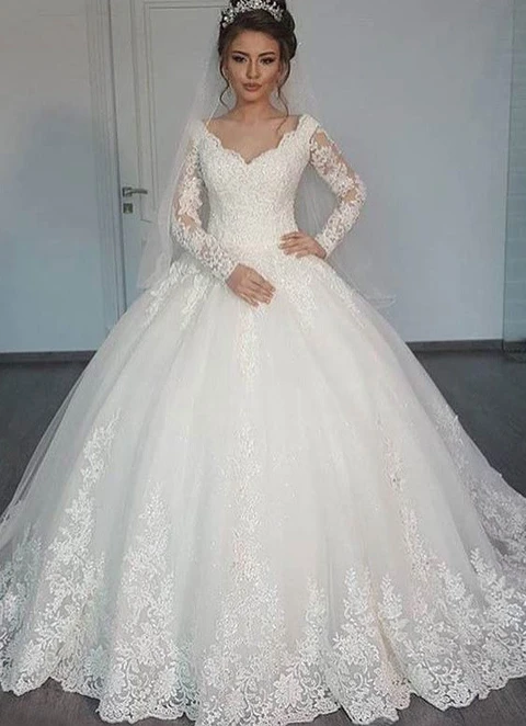 Tulle Wedding Dress Ball Gown V-neck Long/floor-length With Lace Appliqued 