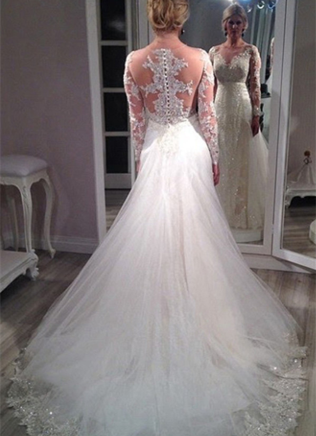 Tulle Court Train Ball-gown/princess Full/long Sleeve V-neck Covered Button Wedding Dress With Beaded