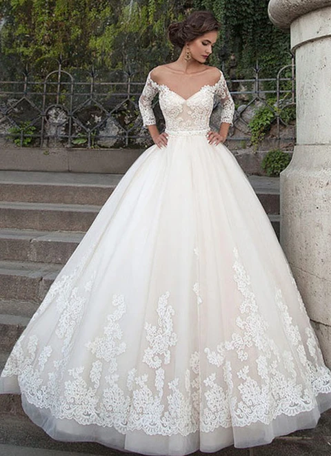 Ball Gown Off-the-shoulder V Back 3/4 Sleeve Chapel Train Tulle With Lace Sashes Wedding Dress