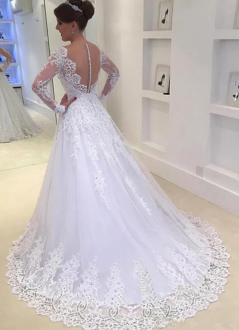 Ball-gown/princess V-neck Full/long Sleeve Court Train Tulle Wedding Dress With Appliqued Lace Rhinestone