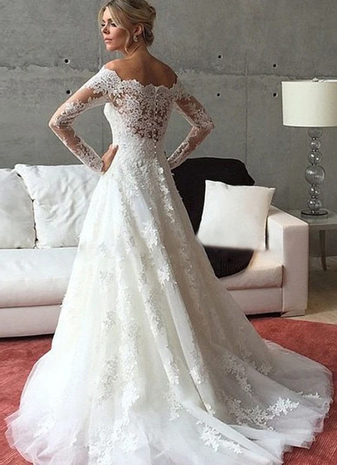 Appliqued Lace Ball-gown/princess Off-the-shoulder Full/long Sleeve Sweep Train Tulle Wedding Dress