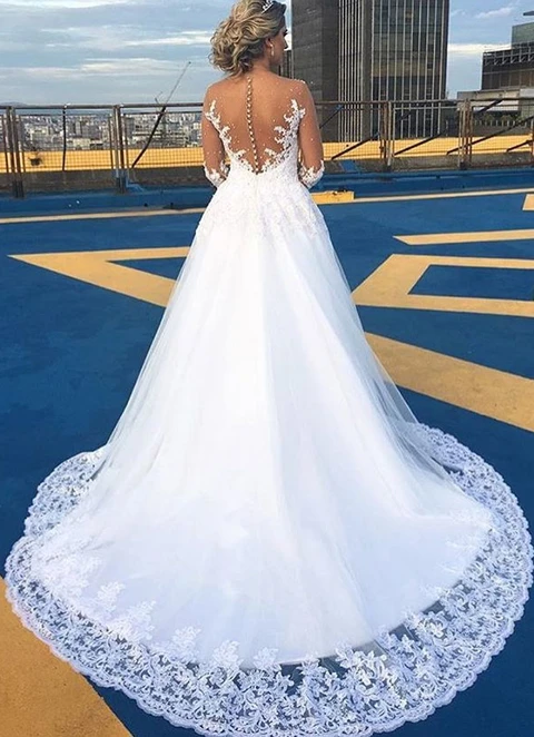 Lace Court Train Ball Gown Full/long Sleeve V-neck Covered Button Beaded Wedding Dress