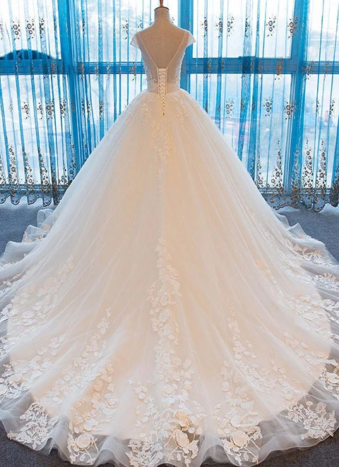 Lace Wedding Dress Ball-gown/princess Illusion Court Train With Beaded