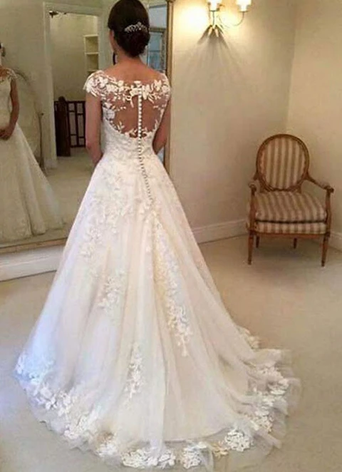 Ball-gown/princess Sleeveless Illusion Chapel Train Tulle Wedding Dresses With Appliqued