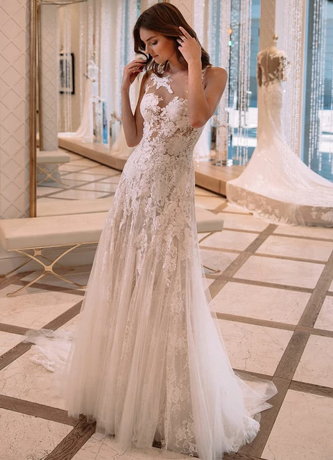 Tulle Wedding Dress A-line Illusion Sweep Train With Appliqued