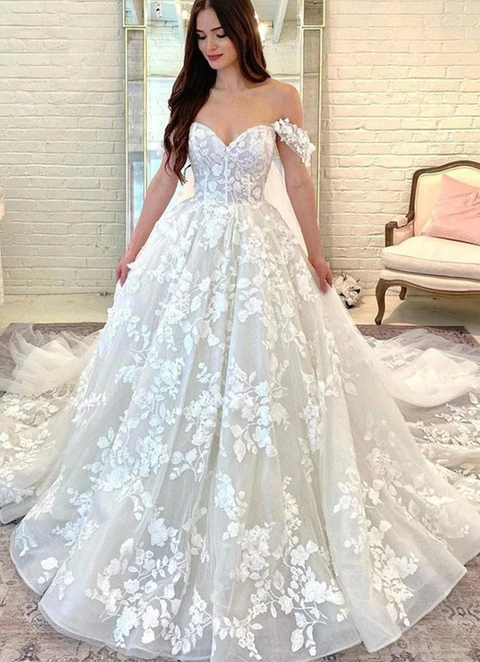 Ball-gown/princess Off-the-shoulder Sleeveless Chapel Train Tulle Wedding Dress With Appliqued