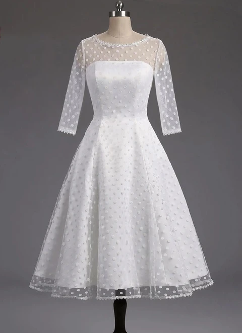 A-line Illusion Full/long Sleeve Tea-length Tulle Wedding Dress