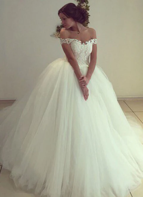 Tulle Court Train Ball-gown/princess Sleeveless Off-the-shoulder Covered Button Wedding Dress With Appliqued