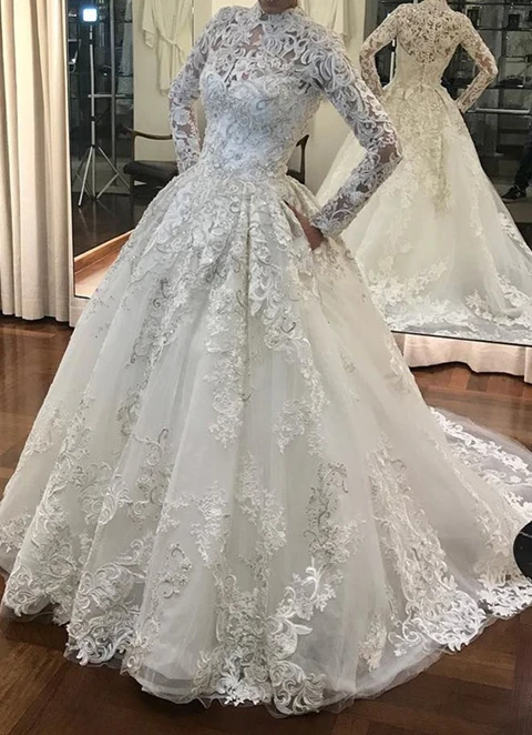 Ball-gown/princess High-neck Full/long Sleeve Court Train Tulle Wedding Dress With Appliqued