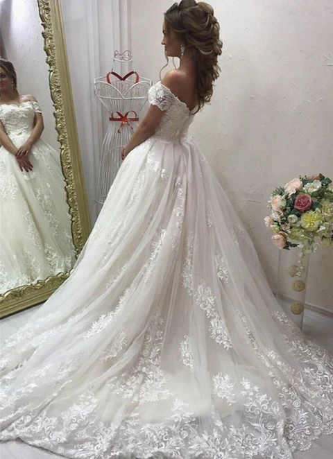 Ball Gown Off-the-shoulder Short Sleeve Court Train Tulle Appliqued Wedding Dress