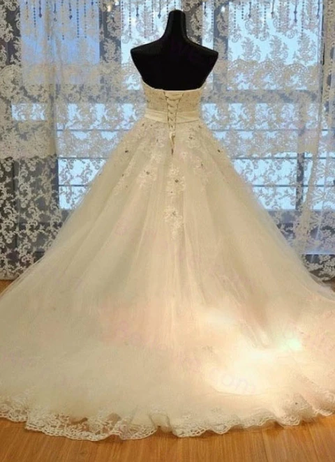 Lace Wedding Dress Ball-gown/princess Strapless Chapel Train With Beaded