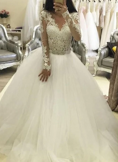 Tulle Court Train Ball-gown/princess Full/long Sleeve V-neck Covered Button Wedding Dress With Appliqued Waistband