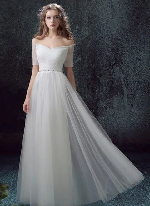 Tulle Wedding Dress A-line Off-the-shoulder Long/floor-length With Beaded