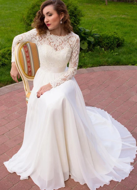 A-line Illusion Neck Full/long Sleeve Long/floor-length Chiffon Wedding Dress With Lace Sashes