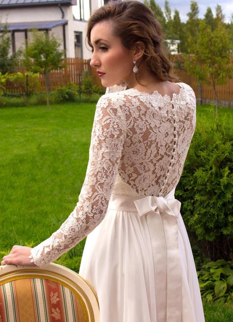 A-line Illusion Neck Full/long Sleeve Long/floor-length Chiffon Wedding Dress With Lace Sashes