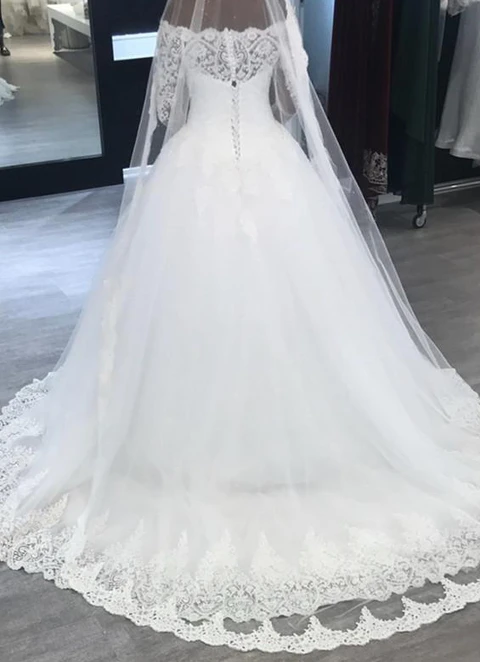 Ball-gown/princess Off-the-shoulder Full/long Sleeve Court Train Tulle Wedding Dress With Lace Appliqued