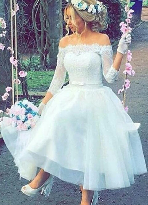 Tulle Wedding Dress A-line/princess Off The Shoulder Tea-length With Lace