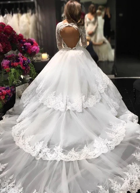 Tulle Cathedral Train Ball-gown/princess Full/long Sleeve V-neck Covered Button Wedding Dress With Beaded