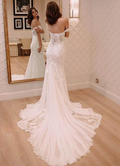 Sheath/column Sleeveless Off-the-shoulder Chapel Train Chiffon Wedding Dress With Lace