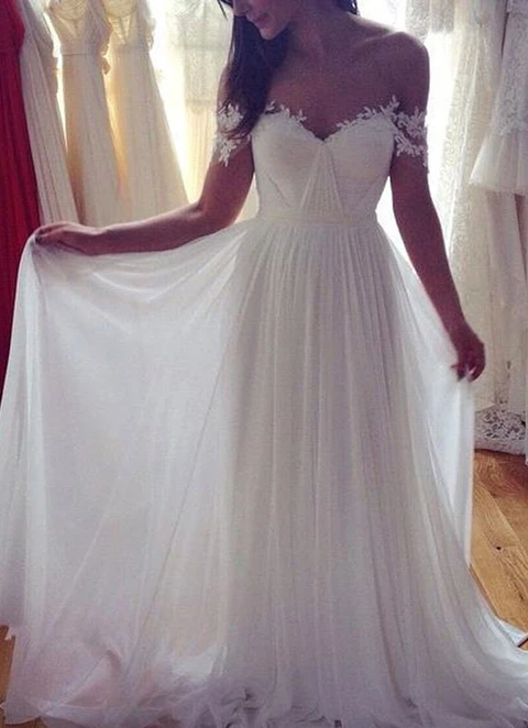 Chiffon Wedding Dress A-line Off-the-shoulder Sweep Train With Appliqued