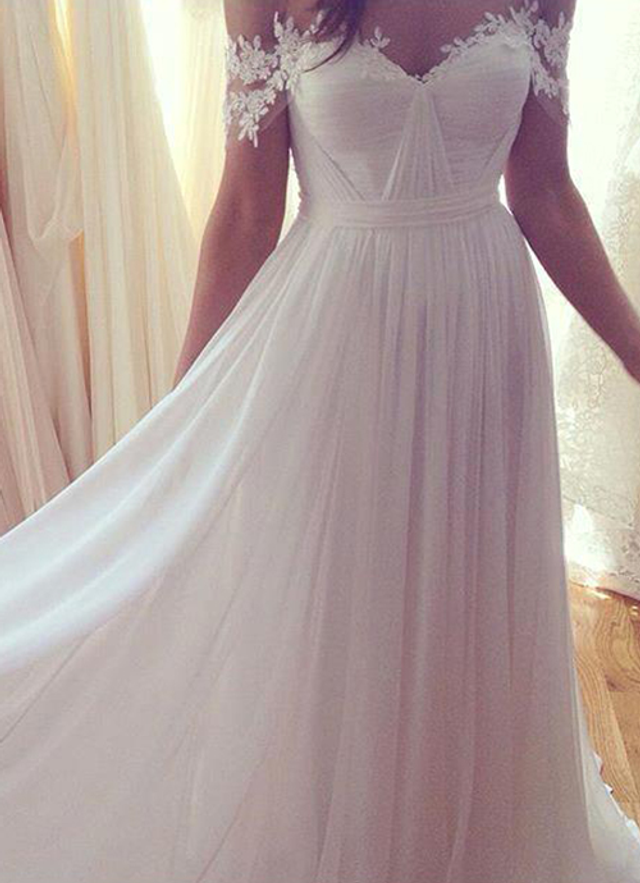 Chiffon Wedding Dress A-line Off-the-shoulder Sweep Train With Appliqued