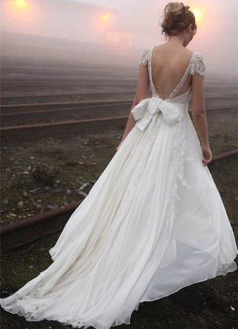 A-line V Neck Sleeveless Court Train Chiffon Wedding Dress With Appliqued Bowknot