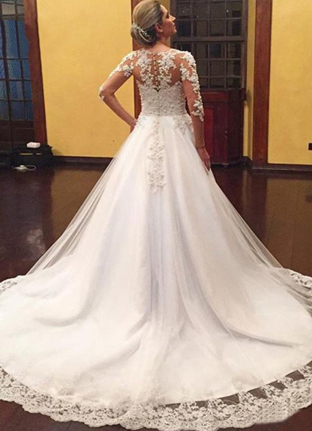 Tulle Court Train Ball-gown/princess Full/long Sleeve V-neck Covered Button Wedding Dress With Appliqued