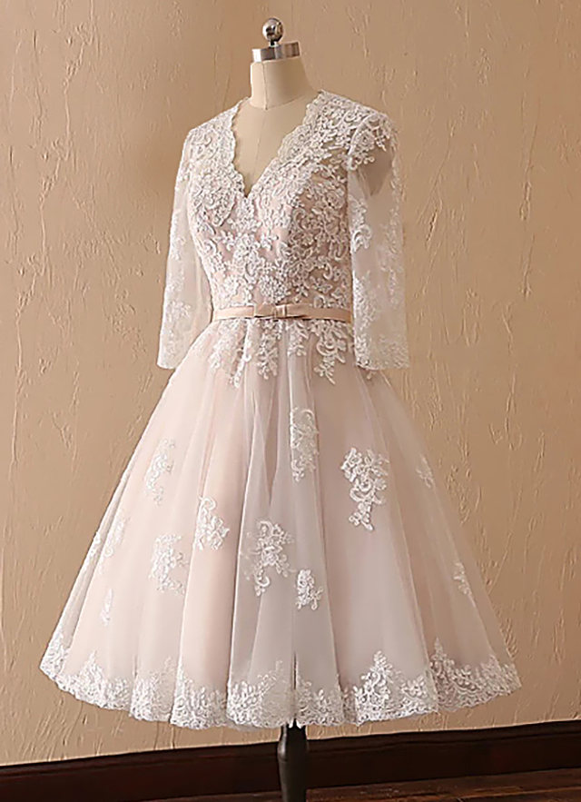 A-line V Neck Full/long Sleeve Lace Tulle Tea-length Waistband Wedding Dress