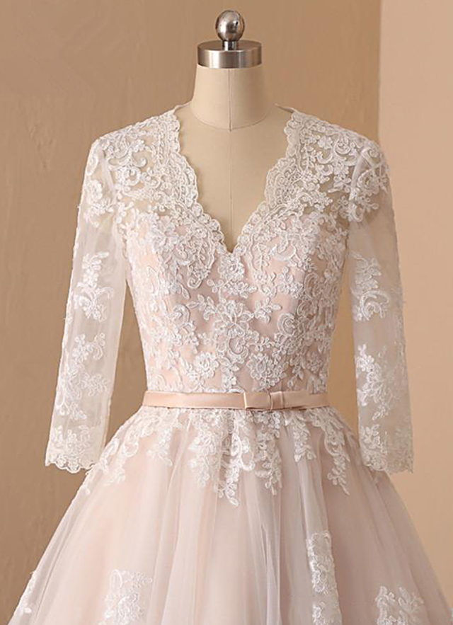 A-line V Neck Full/long Sleeve Lace Tulle Tea-length Waistband Wedding Dress