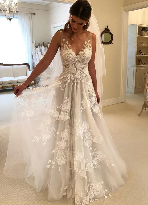 Tulle Wedding Dress A-line/princess Appliqued V-neck Sweep Train