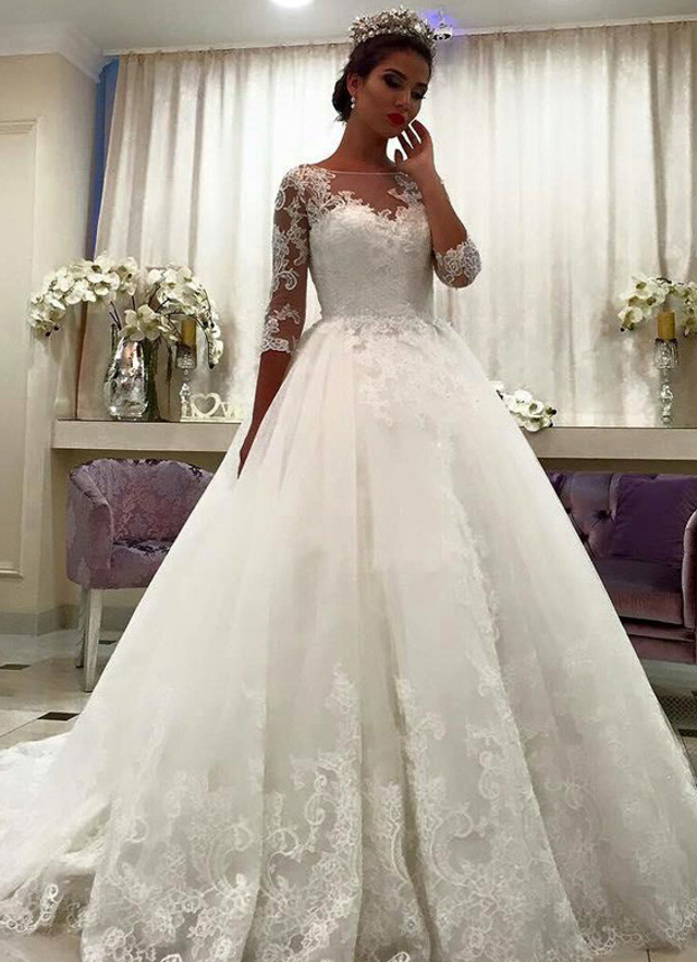 Ball-gown/princess Illusion 3/4 Sleeve Sweep Train Tulle Wedding Dress With Appliqued Lace