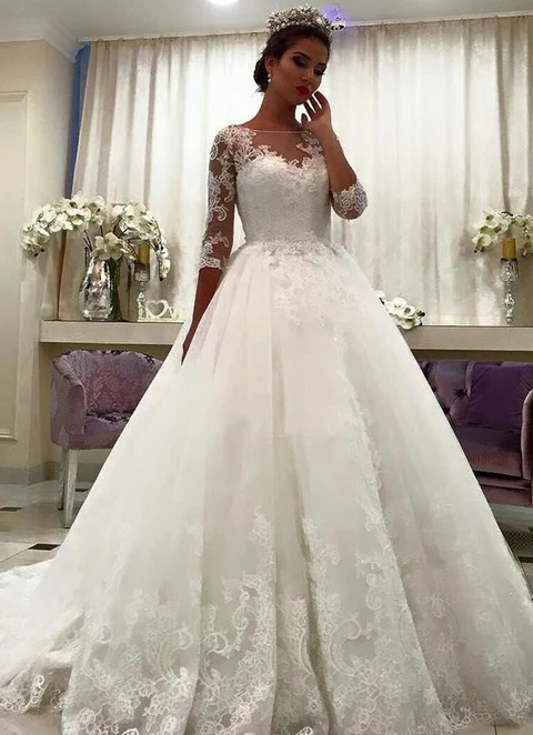 Ball-gown/princess Illusion 3/4 Sleeve Sweep Train Tulle Wedding Dress With Appliqued Lace