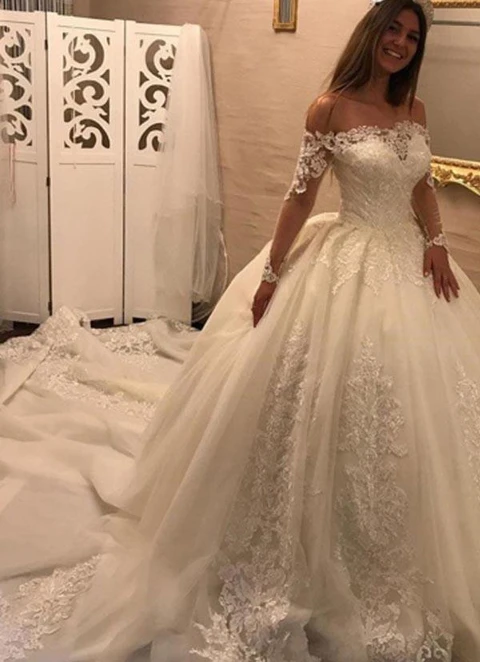 Lace Wedding Dress Ball-gown/princess Off-the-shoulder Chapel Train With Beaded