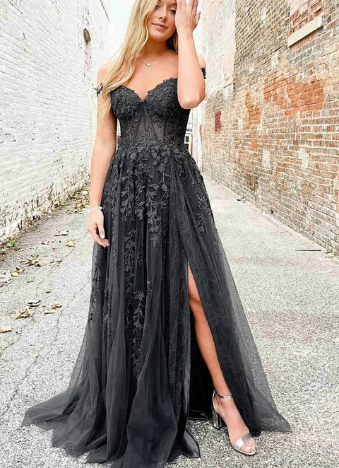 A-line V Neck Long/floor-length Lace Dresses