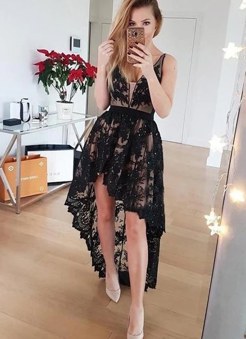 A-line V Neck Sleeveless Lace Satin Asymmetrical Dresses