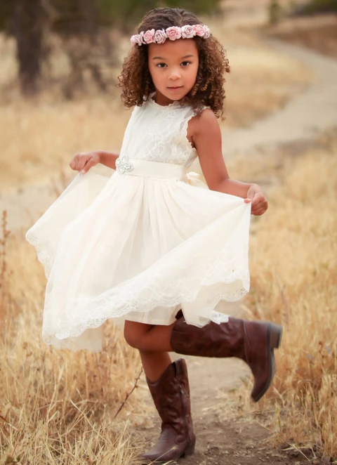 A Line Knee-length Scoop Sleevesless Tulle Flower Girl Dresses With Lace Waistband