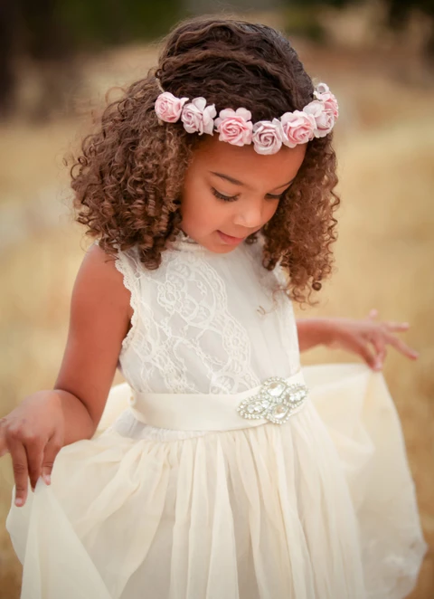 A Line Knee-length Scoop Sleevesless Tulle Flower Girl Dresses With Lace Waistband