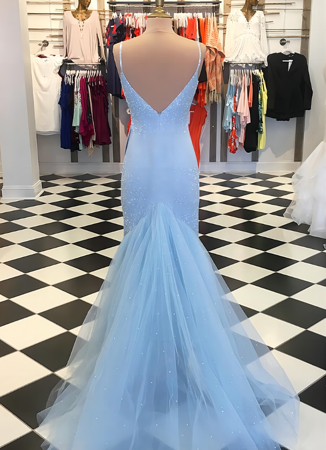 Trumpet/mermaid V Neck Sleeveless Court Train Lace Tulle Dresses