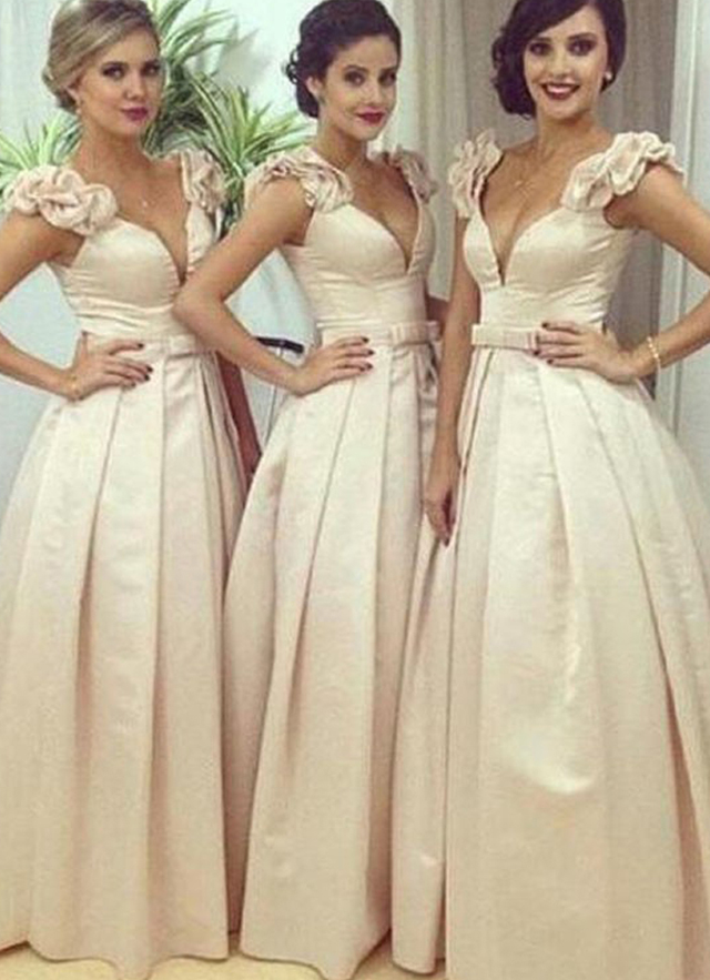 Ball-gown/princess V Neck Sleeveless Floor-length Satin Bridesmaid Dresses With Pleated Waistband